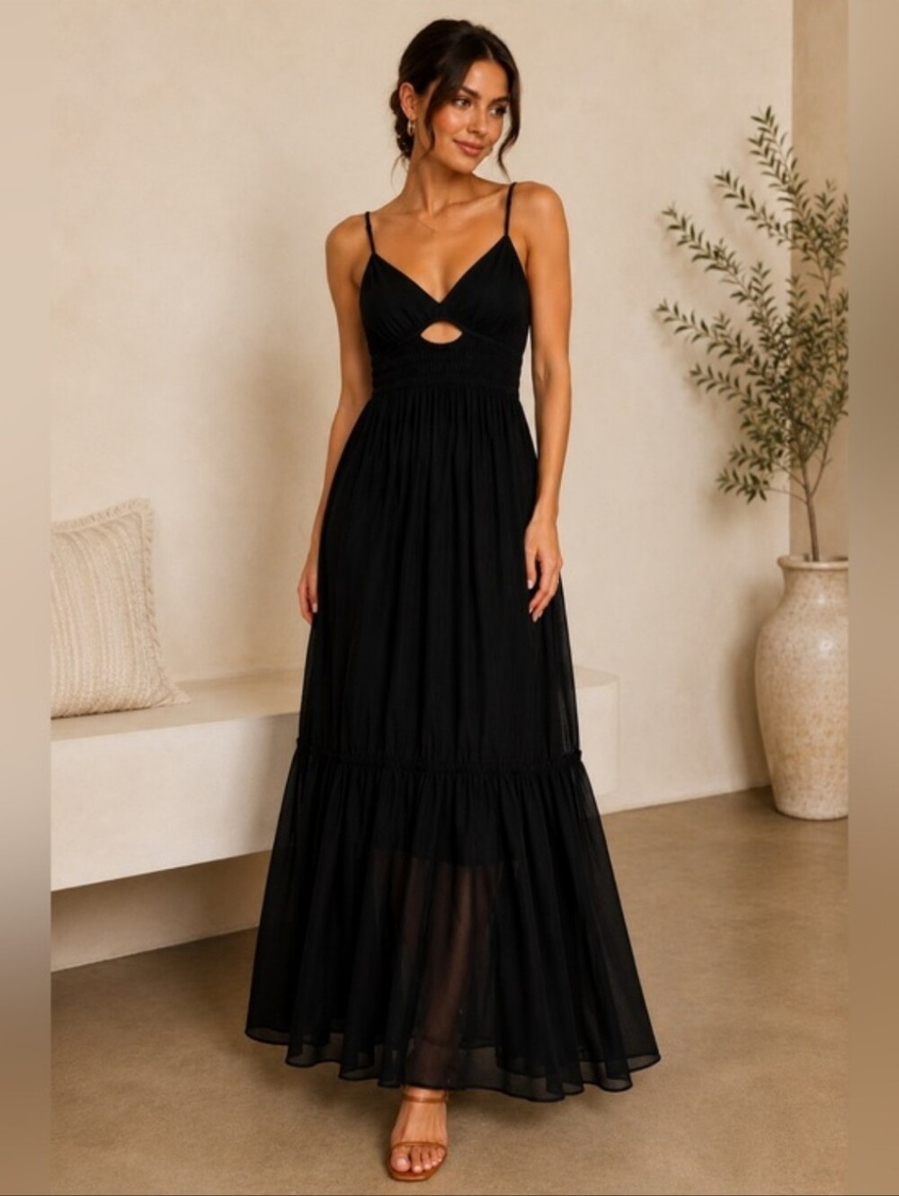 YFB Delphine Chiffon Black Tiered Spaghetti Strap Maxi Dress Sz M